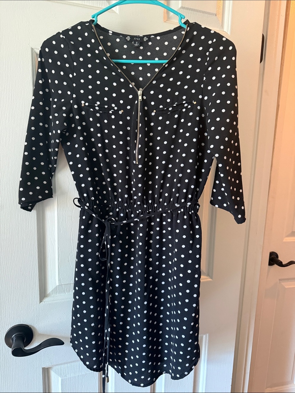 Iris Black and White Polka Dot Midi Dress with Drawstring and Front Zip